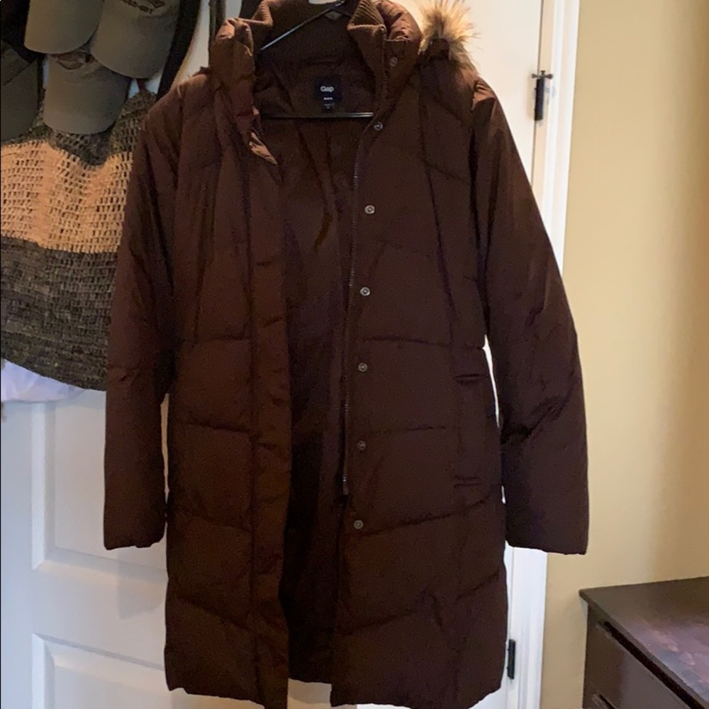 Long brown parka coat
